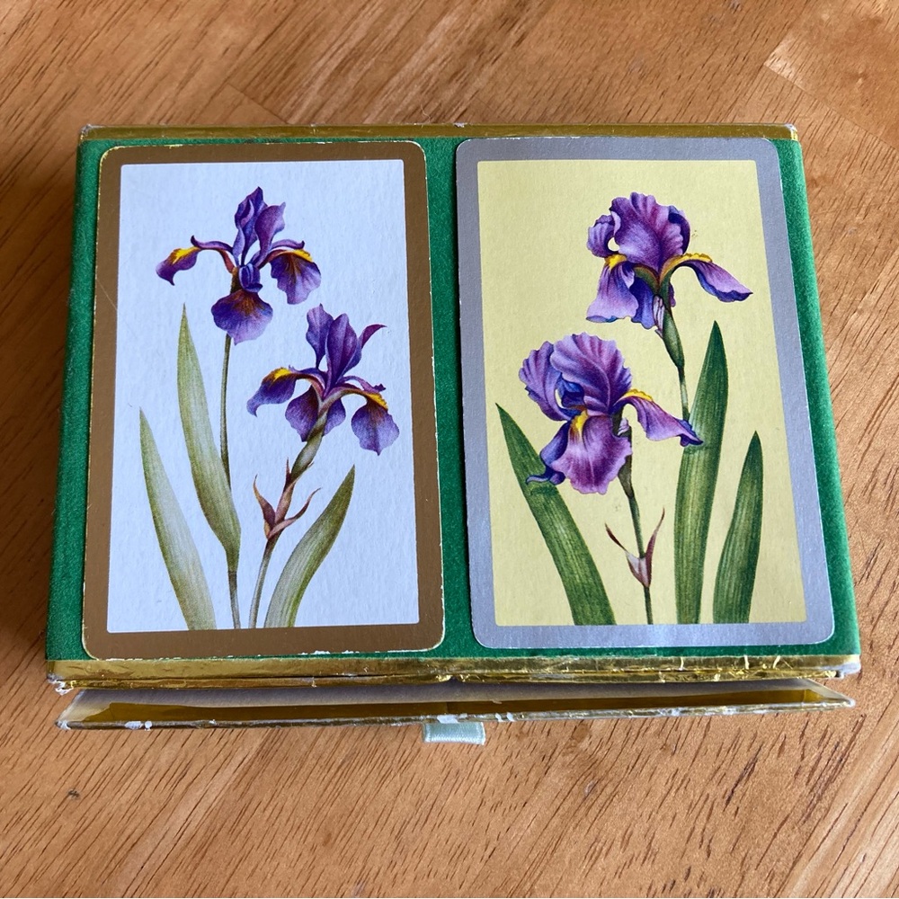 Set of vintage playing cards with purple iris print and case